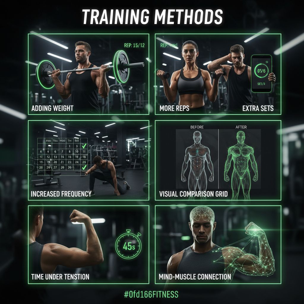 Seven methods of progressive overload training illustrated visually