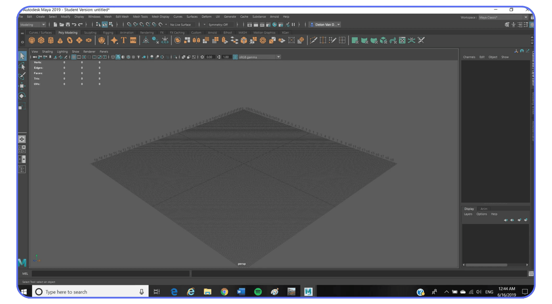 Autodesk Maya 2019 interface showing an empty 3D workspace with a grid plane, ready for modeling.