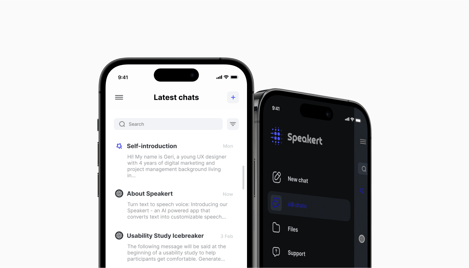 Light and dark mode for Speakert shown on mobile screens