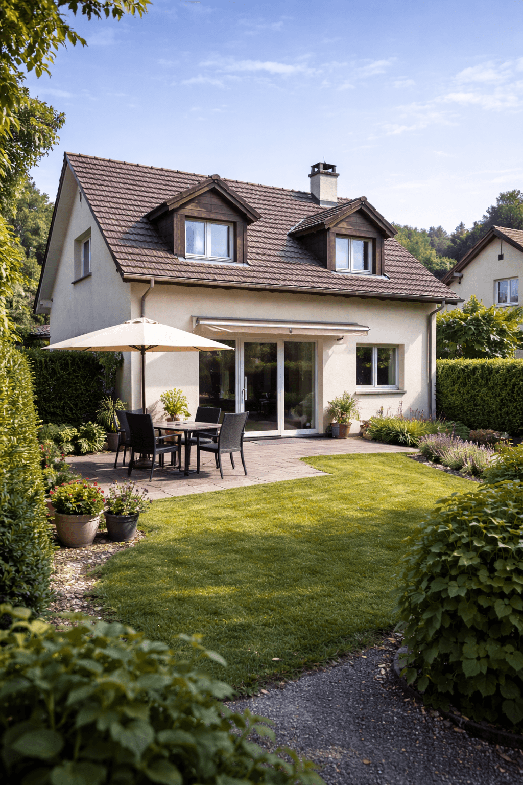 Minimalist concrete building with glowing windows at dusk in fog.
