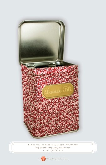 A poster of an opened square can with red and white patterns and a golden plate that says Louise Fili.