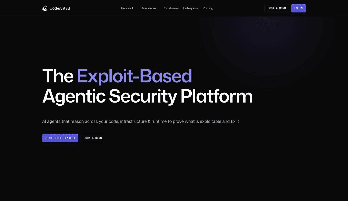 CodeAnt AI homepage showing the exploit-based agentic security platform