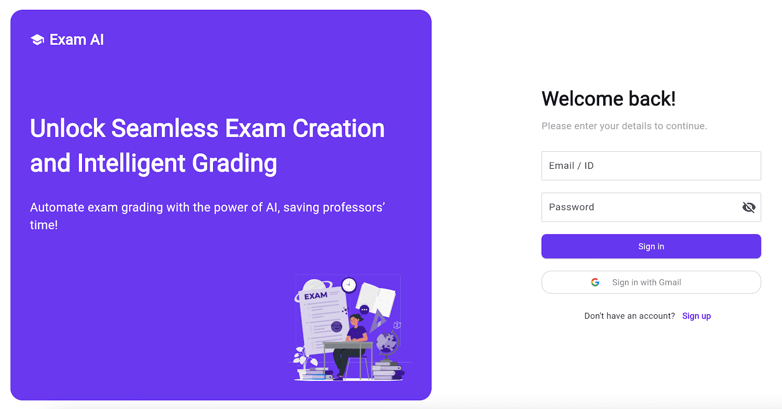 Screenshot of login page for ExamAI