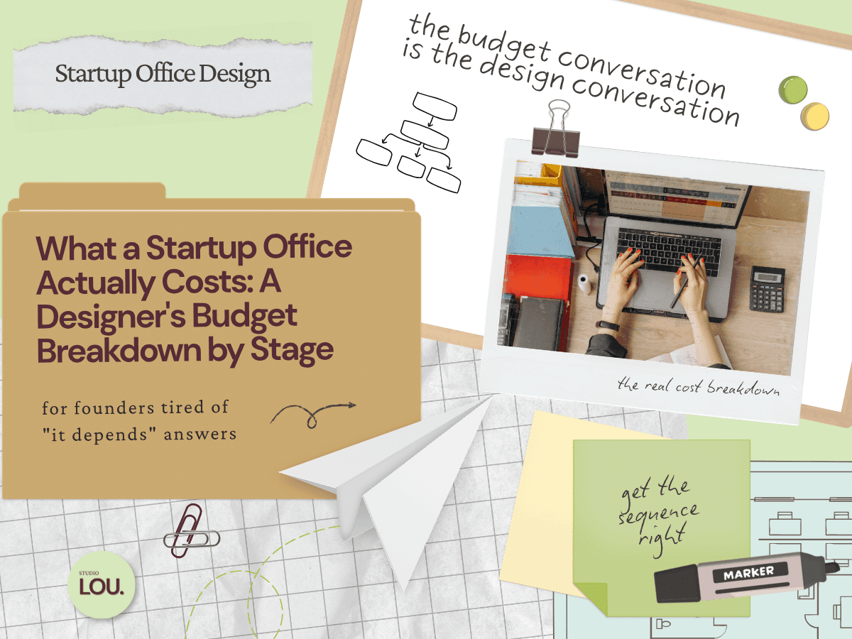 Papercraft-style blog header with a manila folder titled What a Startup Office Actually Costs: A Designer's Budget Breakdown by Stage, grid paper background, dry erase board with org chart doodle reading "the budget conversation is the design conversation," polaroid photo of a person working on a laptop surrounded by colorful folders and a calculator clipped with a binder clip, paper airplane, sage green sticky note reading "get the sequence right," floor plan illustration, and marker.
