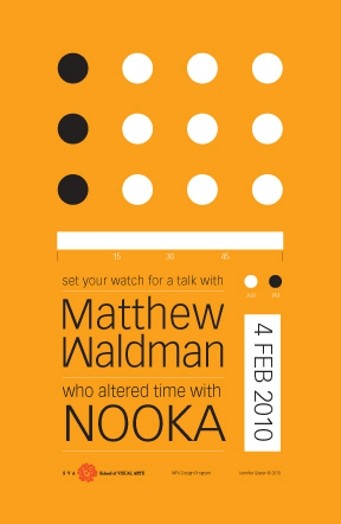 An orange poster with black and white dots.