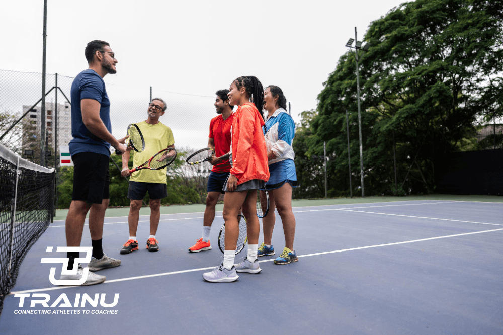 Coach talking with athletes during a group racket session
