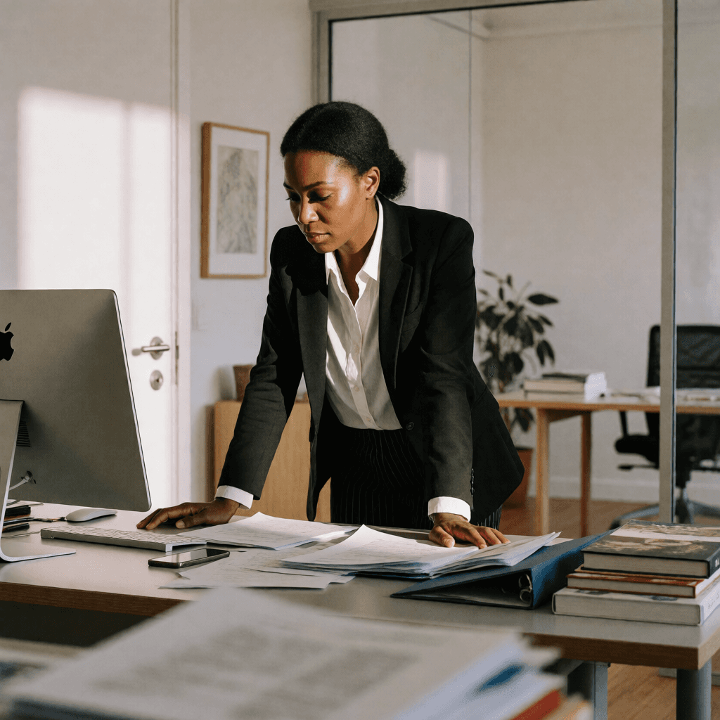 A Black woman in a black blazer and white shirt leaning over a white desk looking down at documents, with an Apple iMac on the desk and a plant visible in the background.