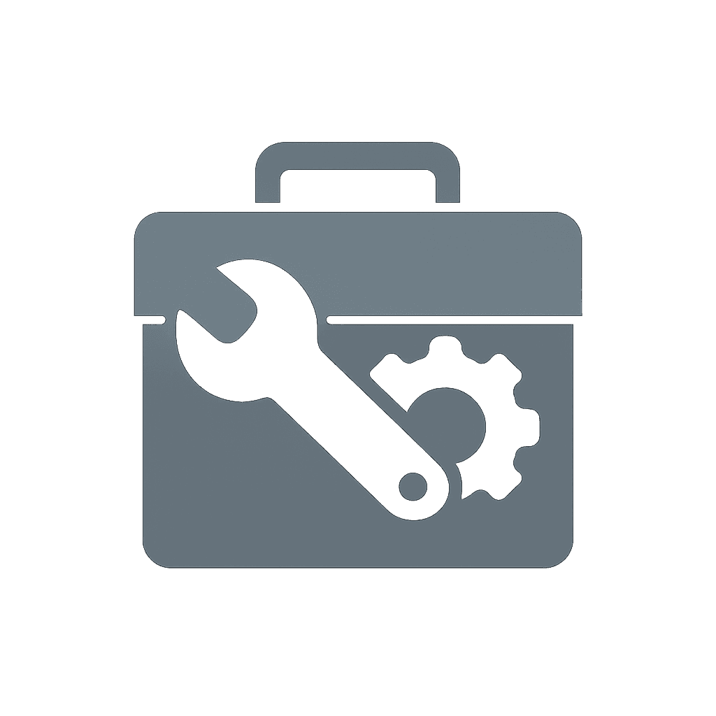 Flache Toolbox-Illustration in Graustufen mit integriertem Schraubenschlüssel und Zahnrad – Darstellung für technische Werkzeuge und Plattformlösungen.