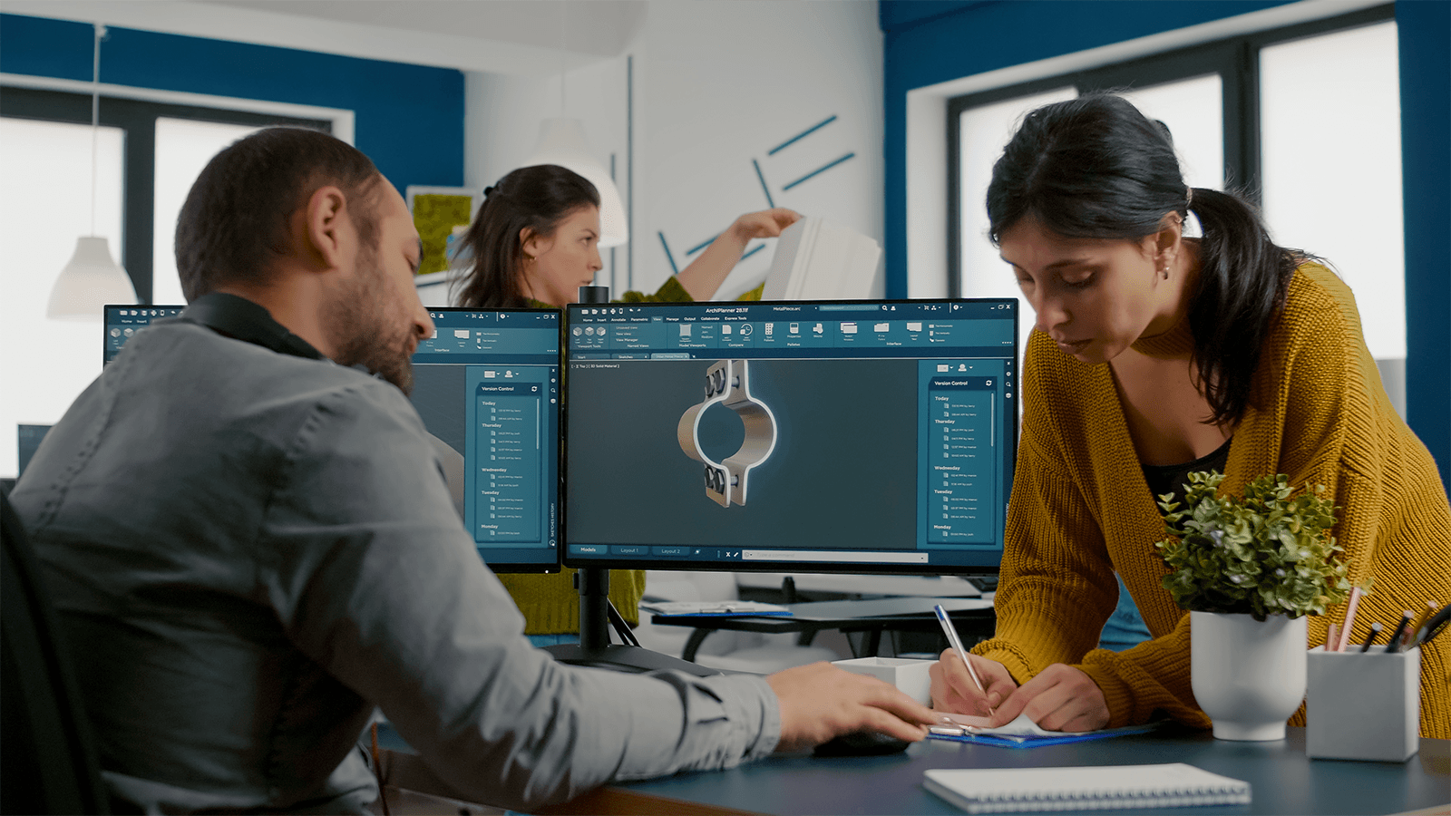 Team collaborating on 3D design software for optional rendering