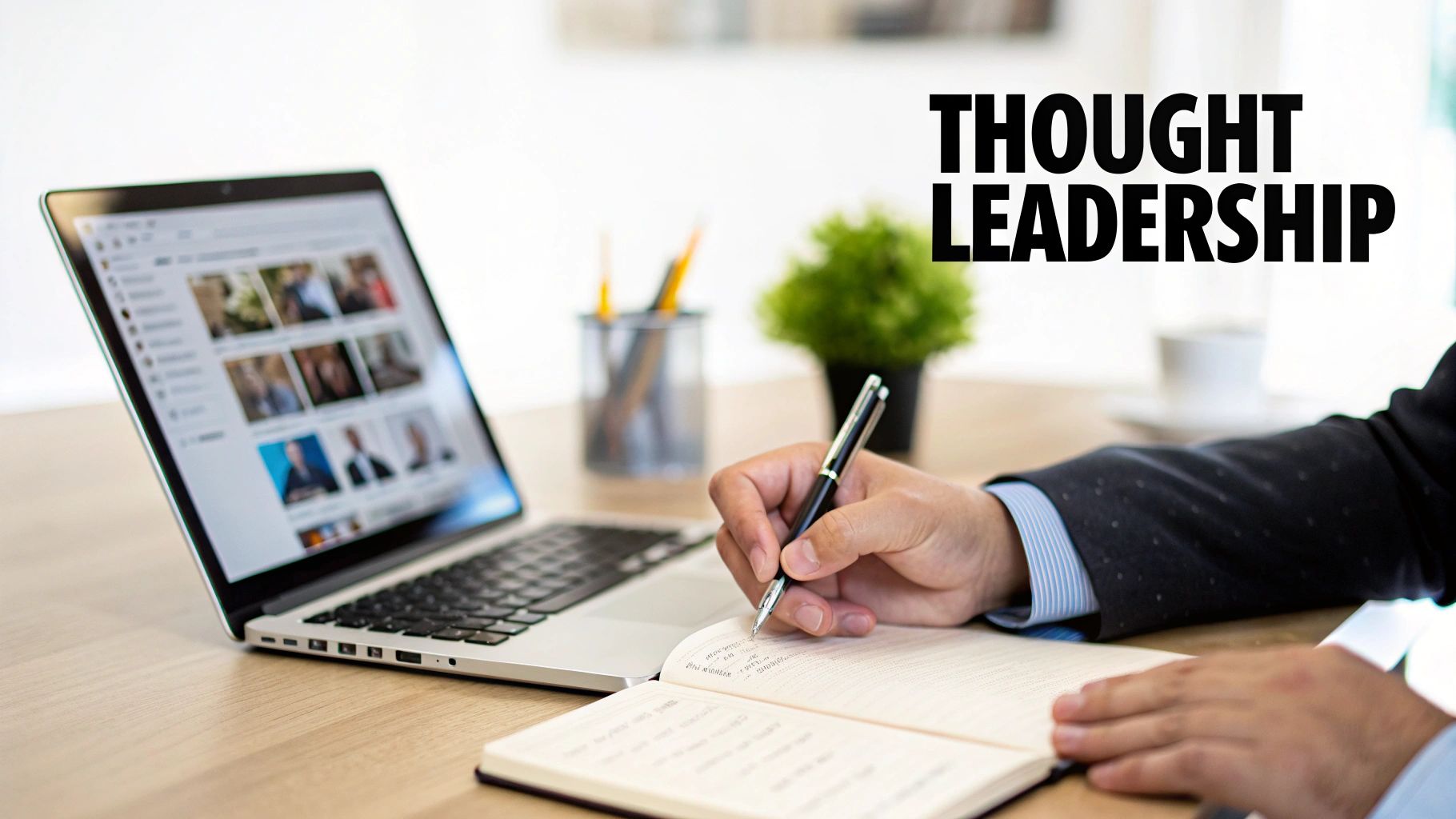 A person writes in a notebook next to a laptop, with 