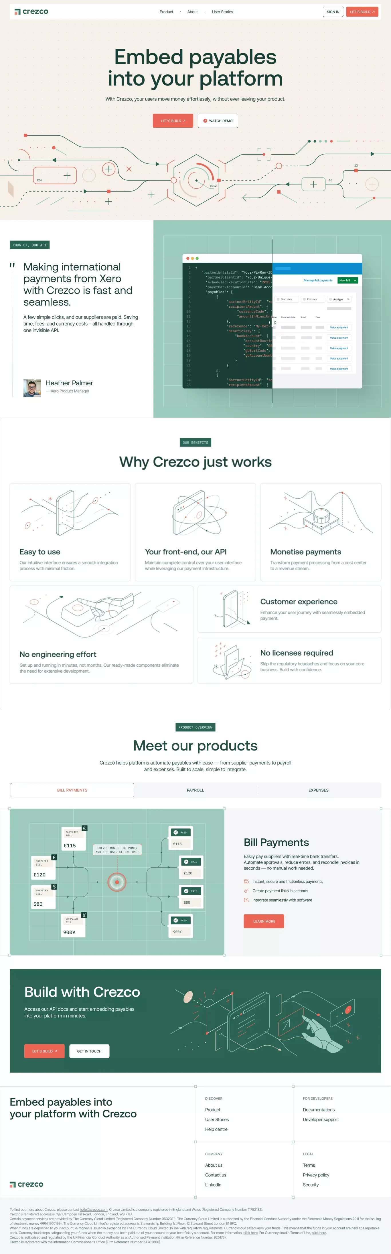Crezco: Embedded Payments API - Crezco landing page screenshot showcasing Finance and Tech design