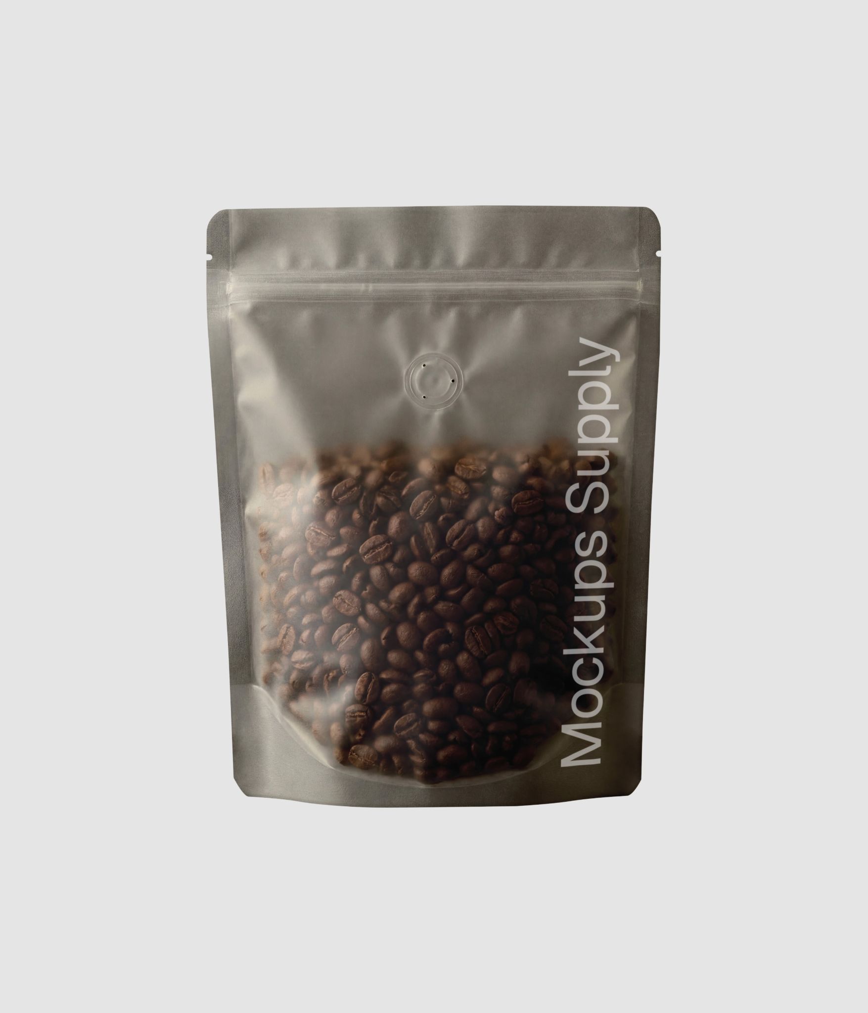Realistic transparent coffee pouch mockup with coffee beans for label design