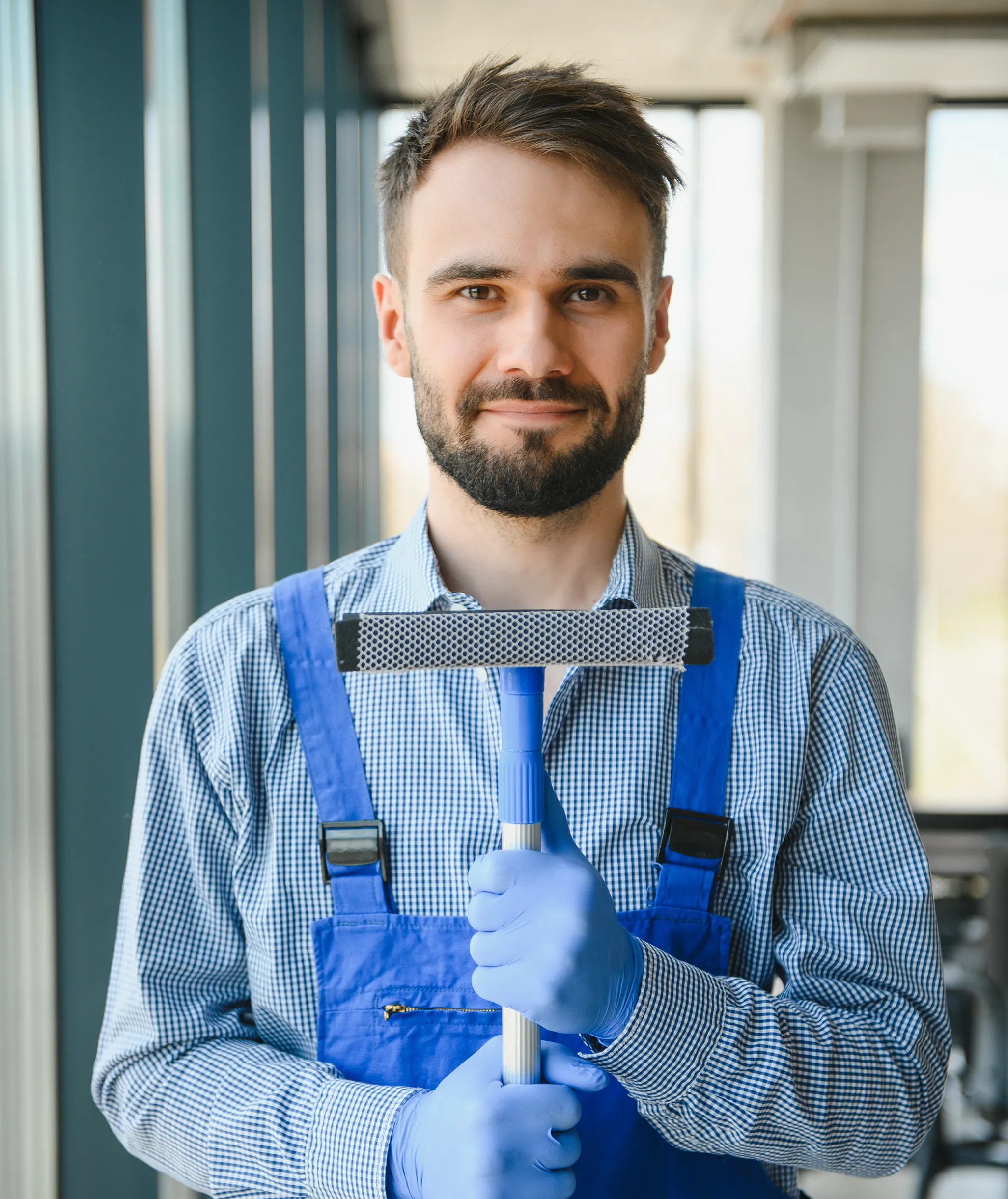 Senior Cleaner Daniel Peter holding window cleaning equipment, focusing on 5 years of experience in consistent kitchen and home maintenance.