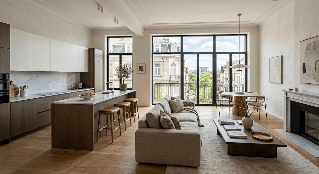 Transformation complète d’un appartement à Ixelles avec ouverture des espaces et nouvelle cuisine moderne.