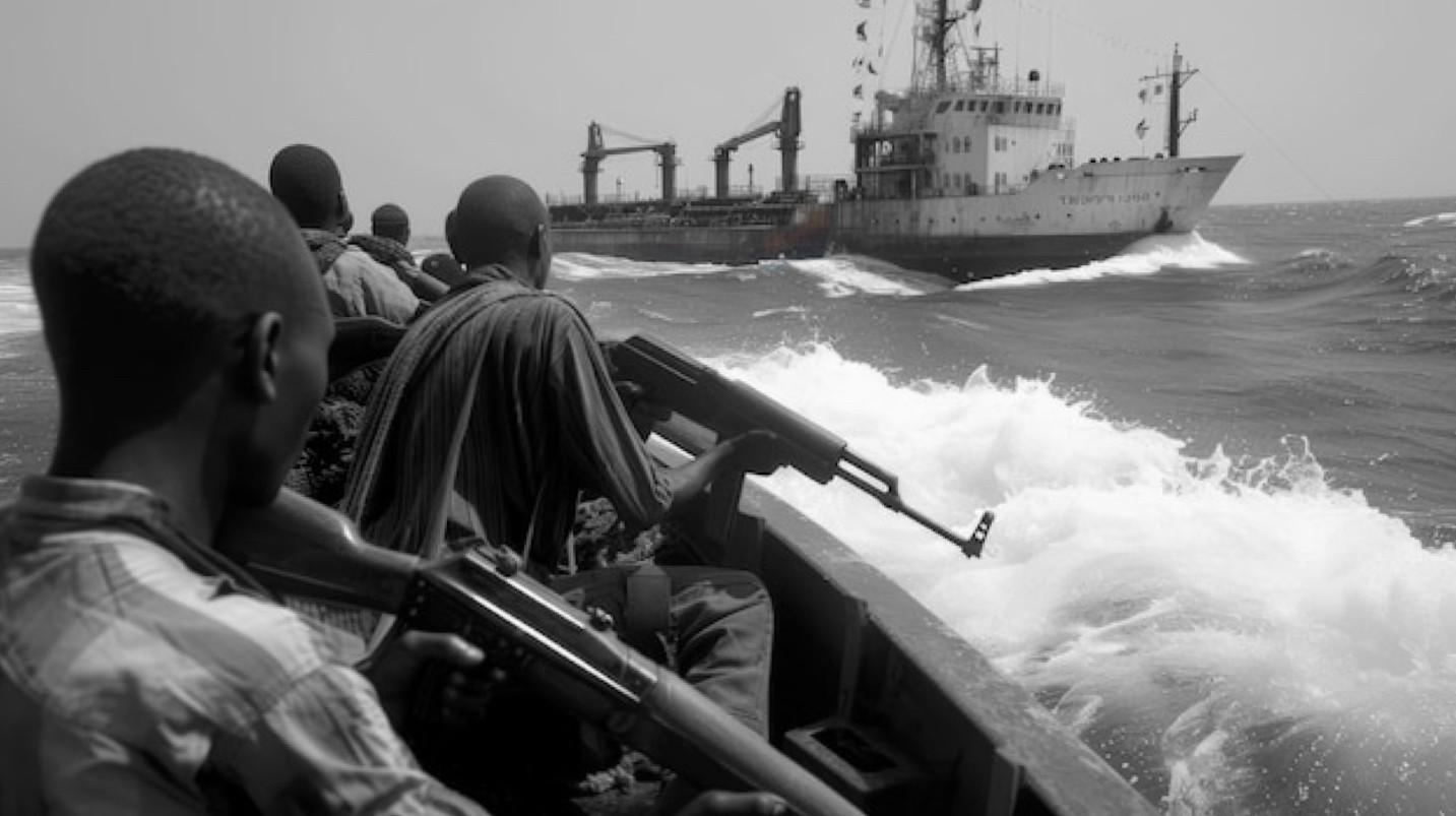 Black and white photo of a group of modern sea pirates on a small boat heading to a comercial ship