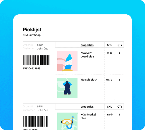 Order packing picklijst