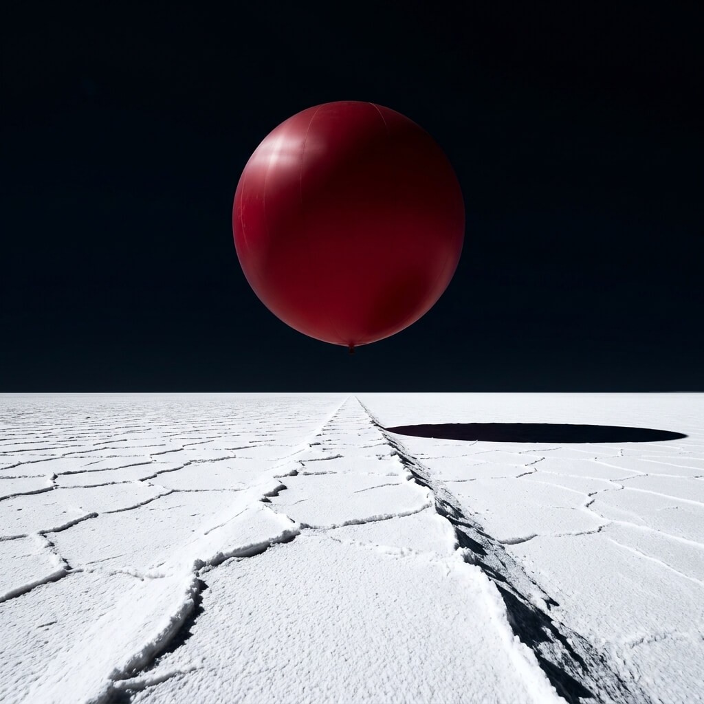 A giant red balloon floating alone in a vast, pristine white desert under a pitch-black sky, sharp shadows, high contrast, clean lines.
