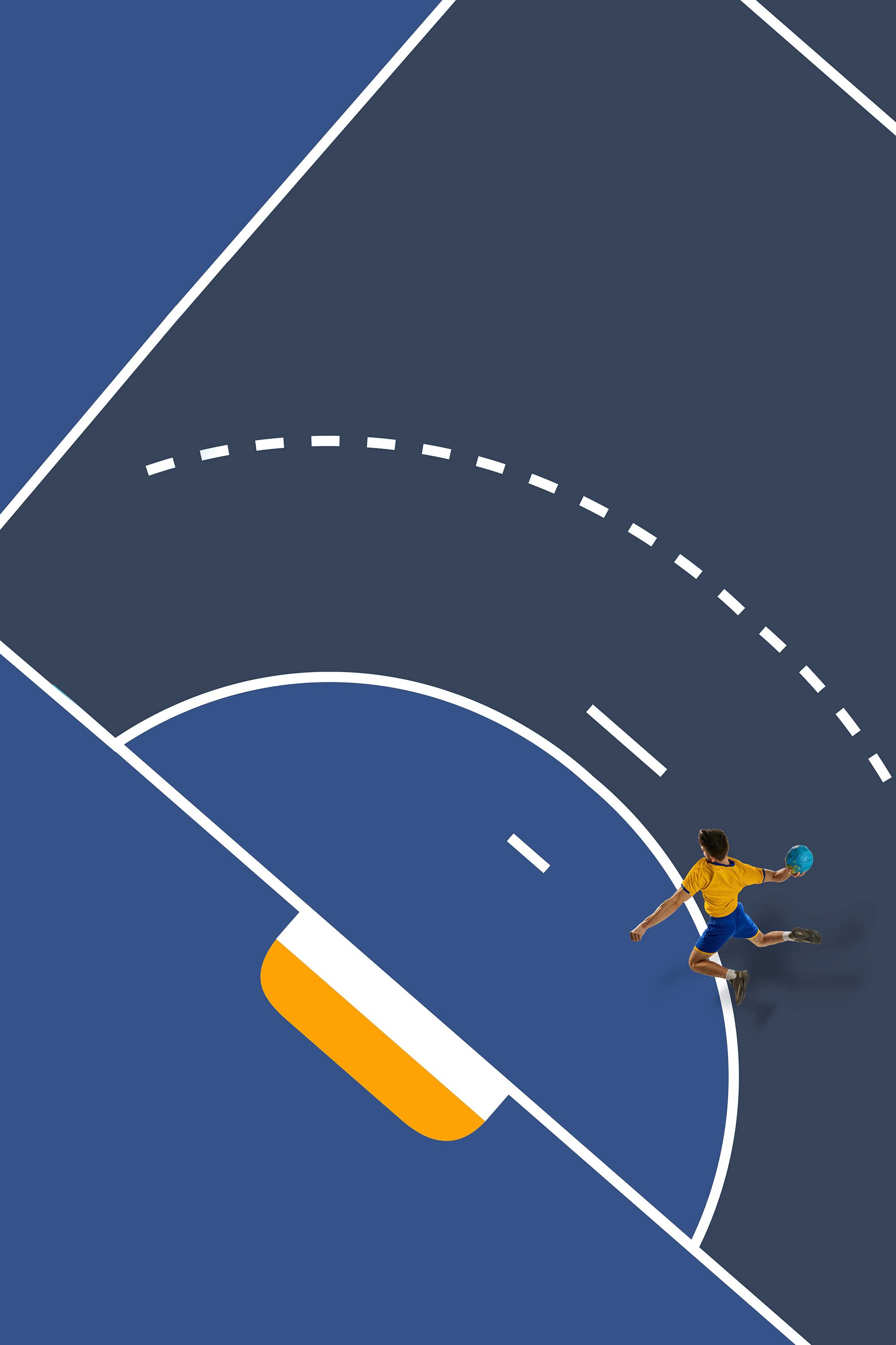 Aerial view of a male handball player in a yellow jersey leaping to shoot on a blue court, with a dashed arc illustrating the ball's trajectory.