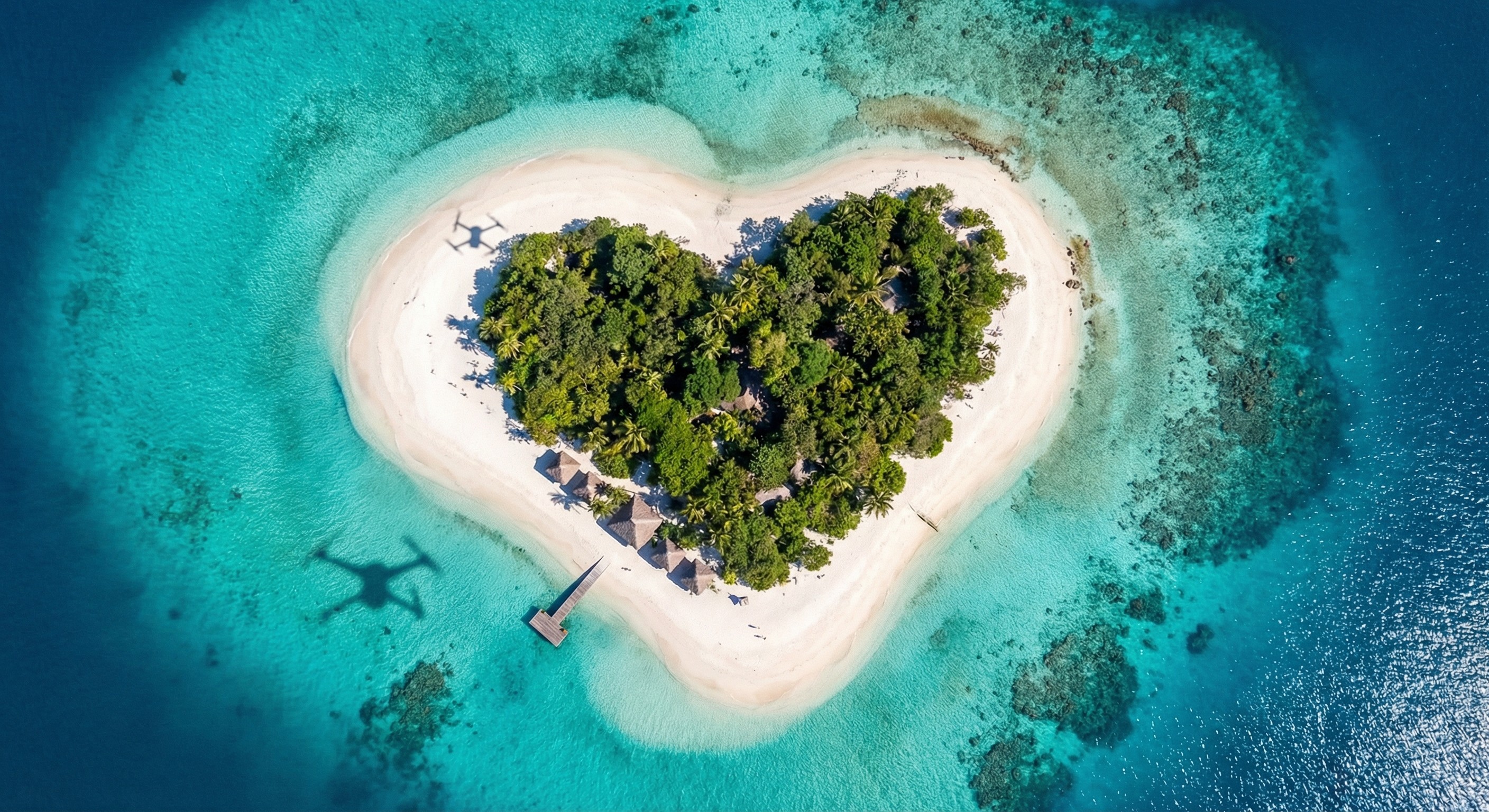 Aerial drone photography of heart-shaped island with turquoise water, Nano Banana AI art