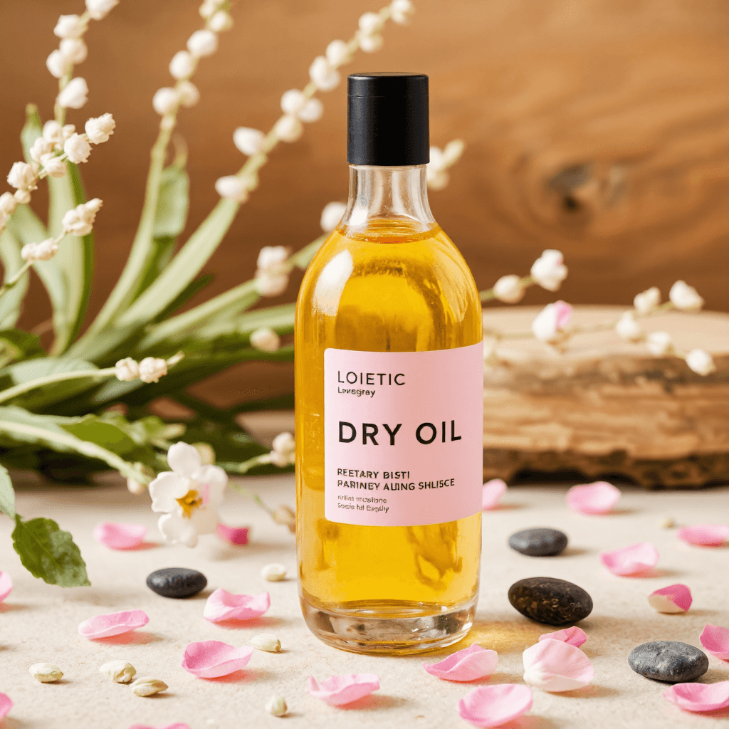 product photography of a bottle of dry oil for face and body