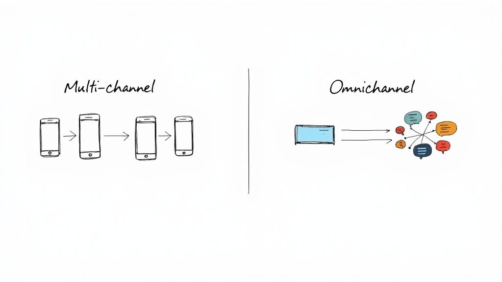 Diagram illustrating the difference between multi-channel with sequential phones and omnichannel with integrated communication.