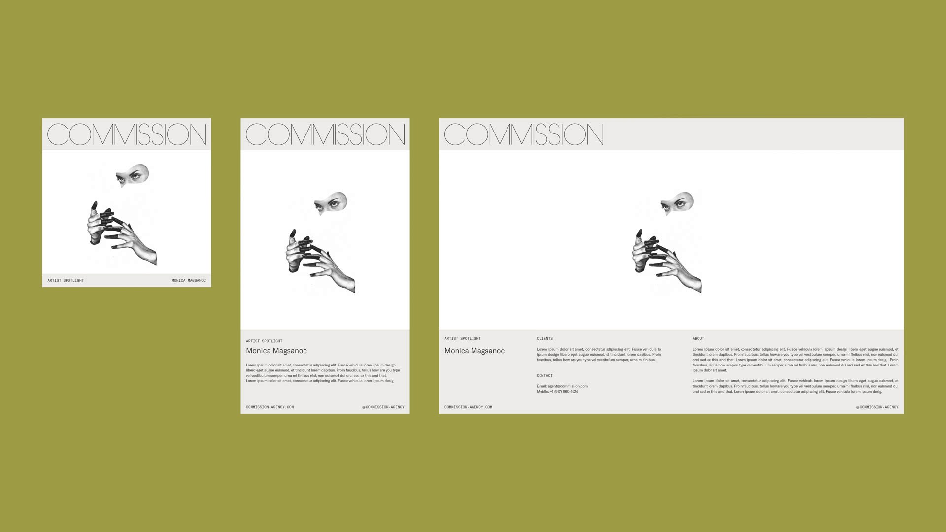 Three variations of a monochrome illustration are displayed on a sage green background. Each panel features an abstract, stylized hand gesture. The leftmost panel is labeled “ARTIST SPOTLIGHT” with “Monica Magasanoc” credited as the artist. The center panel is labeled “ARTIST SPOTLIGHT” with “Monica Magasanoc” credited as the artist. The rightmost panel is labeled “ARTIST SPOTLIGHT” with “Monica Magasanoc” credited as the artist. All panels include contact information for the artist’s agency.