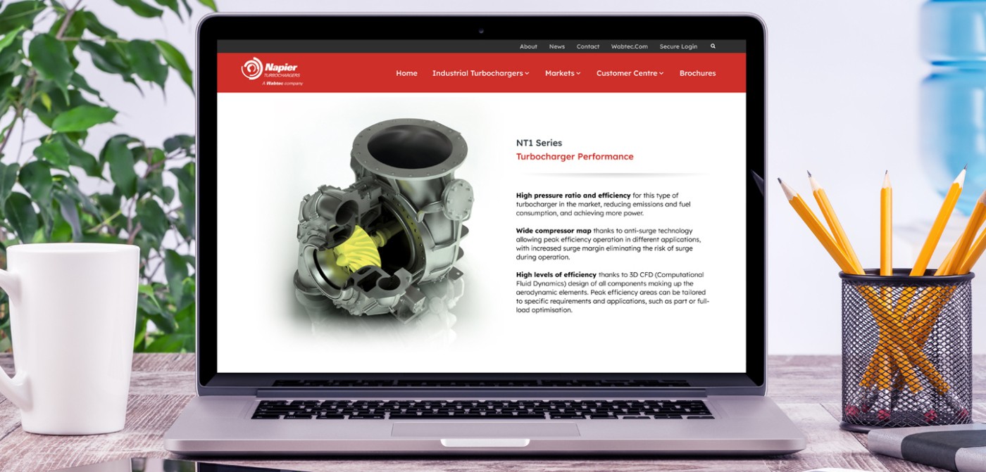 Laptop computer screen displaying the Napier Turbochargers website