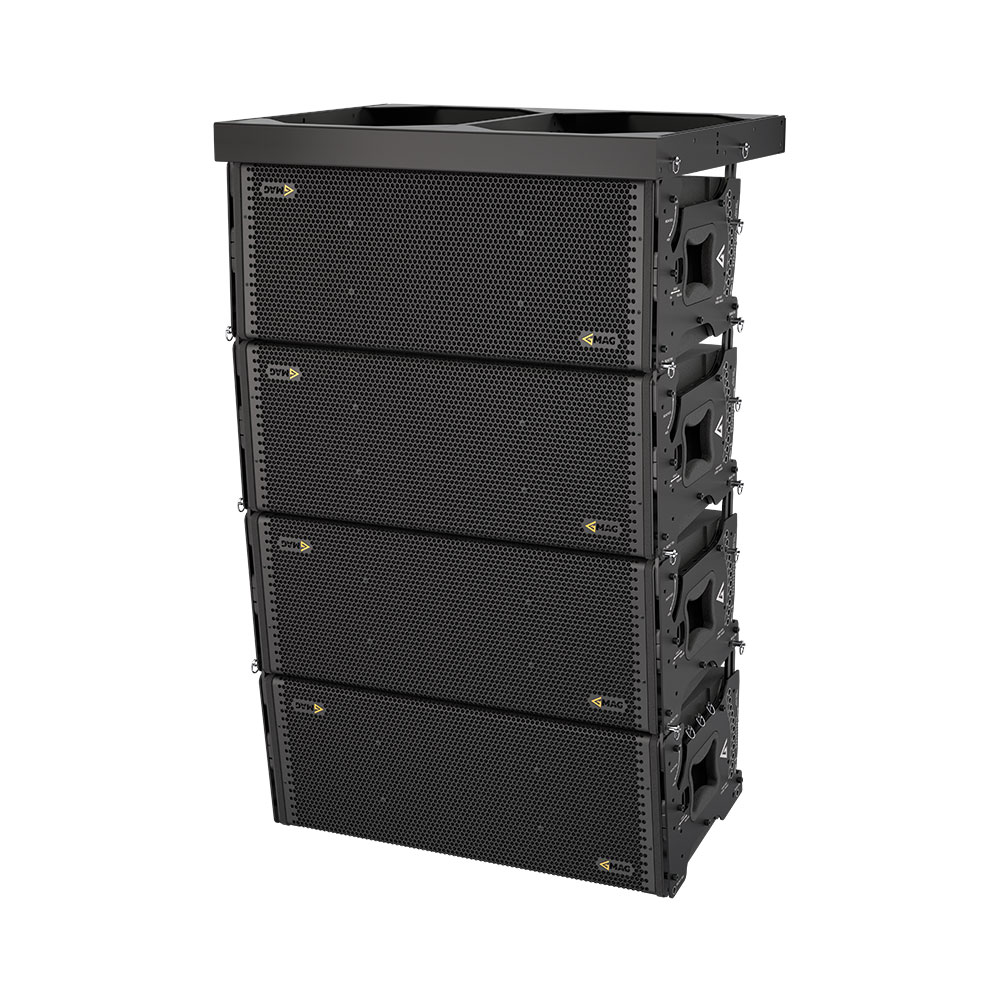 Stack of four black line array speakers with yellow logos.