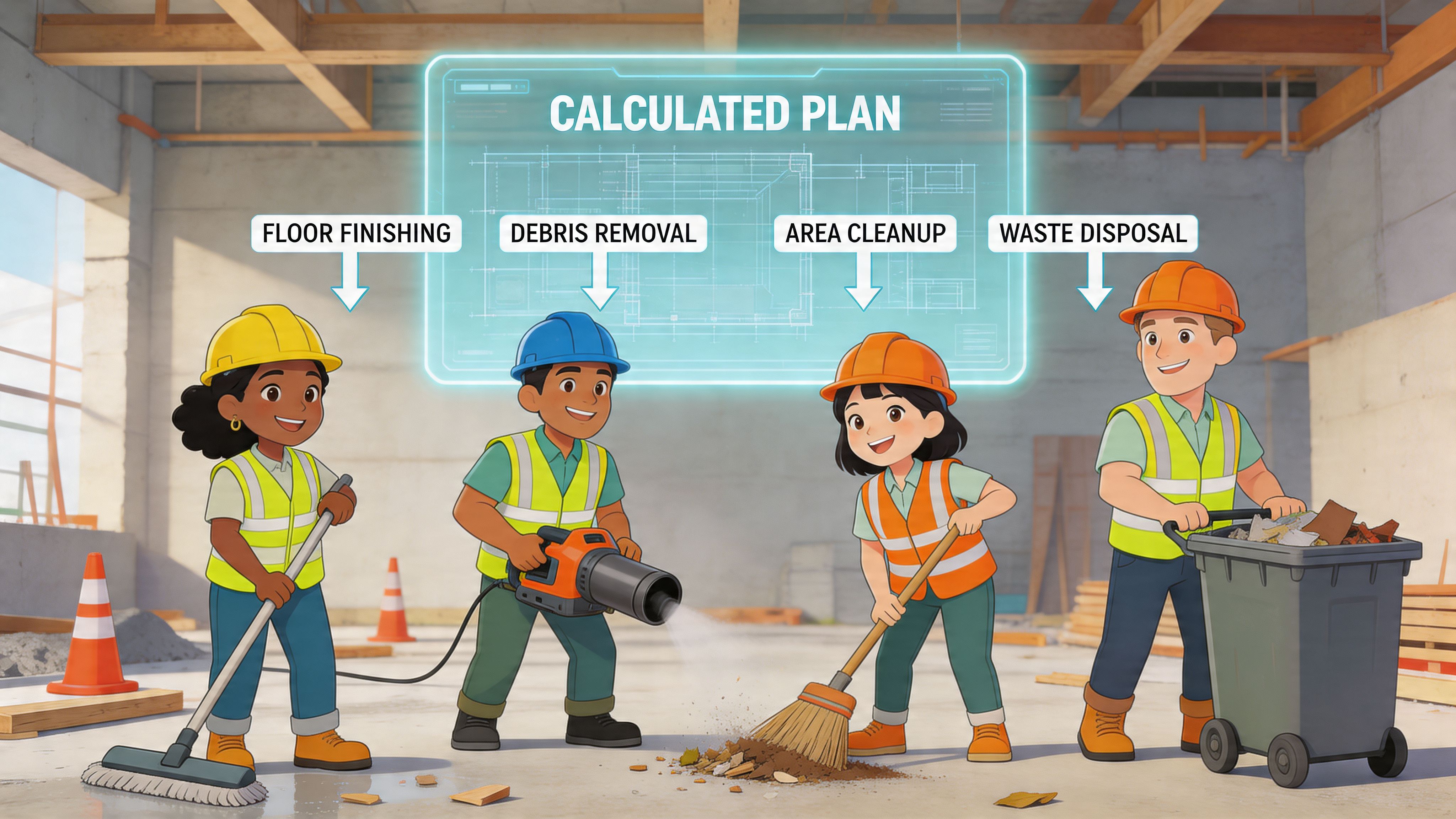 A team of four diverse cartoon construction workers performing various post construction cleaning tasks in a building.