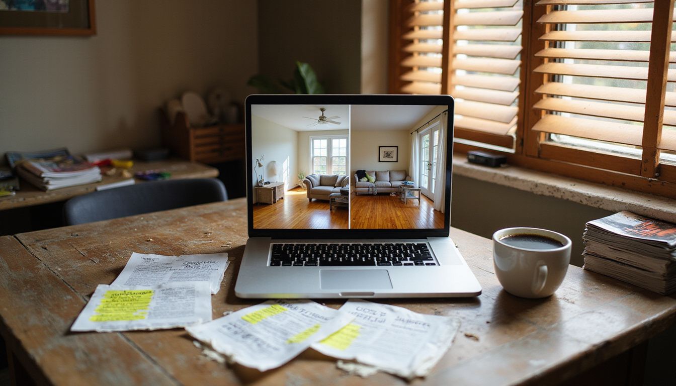 A laptop displays contrasting real estate listings and a cluttered desk.