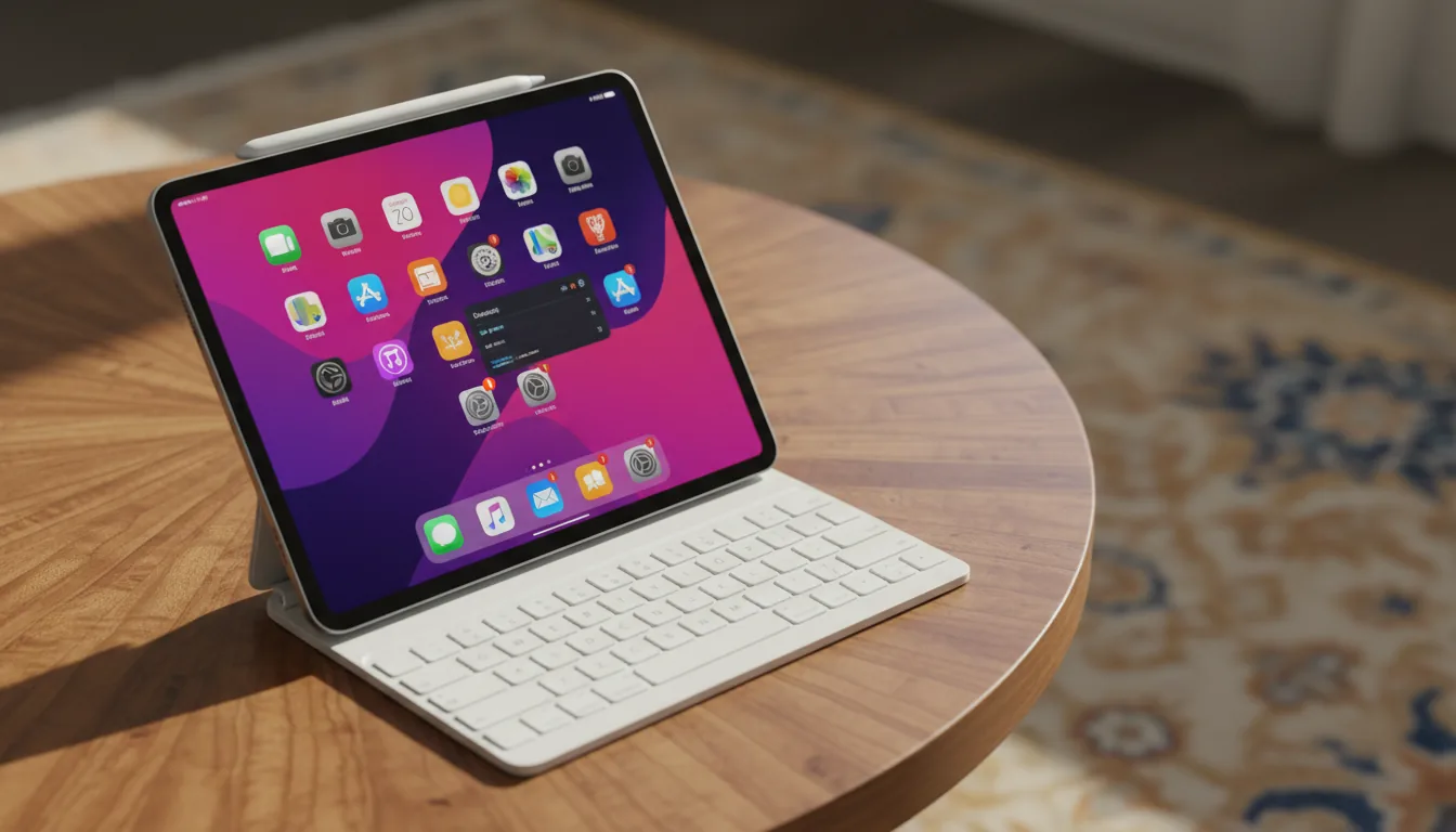 DSLR photograph of an Apple iPad Pro attached to a white Magic Keyboard, placed on a round wooden table with a visible grain texture. An Apple Pencil is magnetically attached to the top of the iPad. The screen is illuminated, showing the iPadOS home screen with a grid of colorful app icons and widgets over a vibrant magenta and dark purple abstract wallpaper. The scene is lit by soft, natural daylight, creating a shallow depth of field with a blurry, patterned rug in the background.