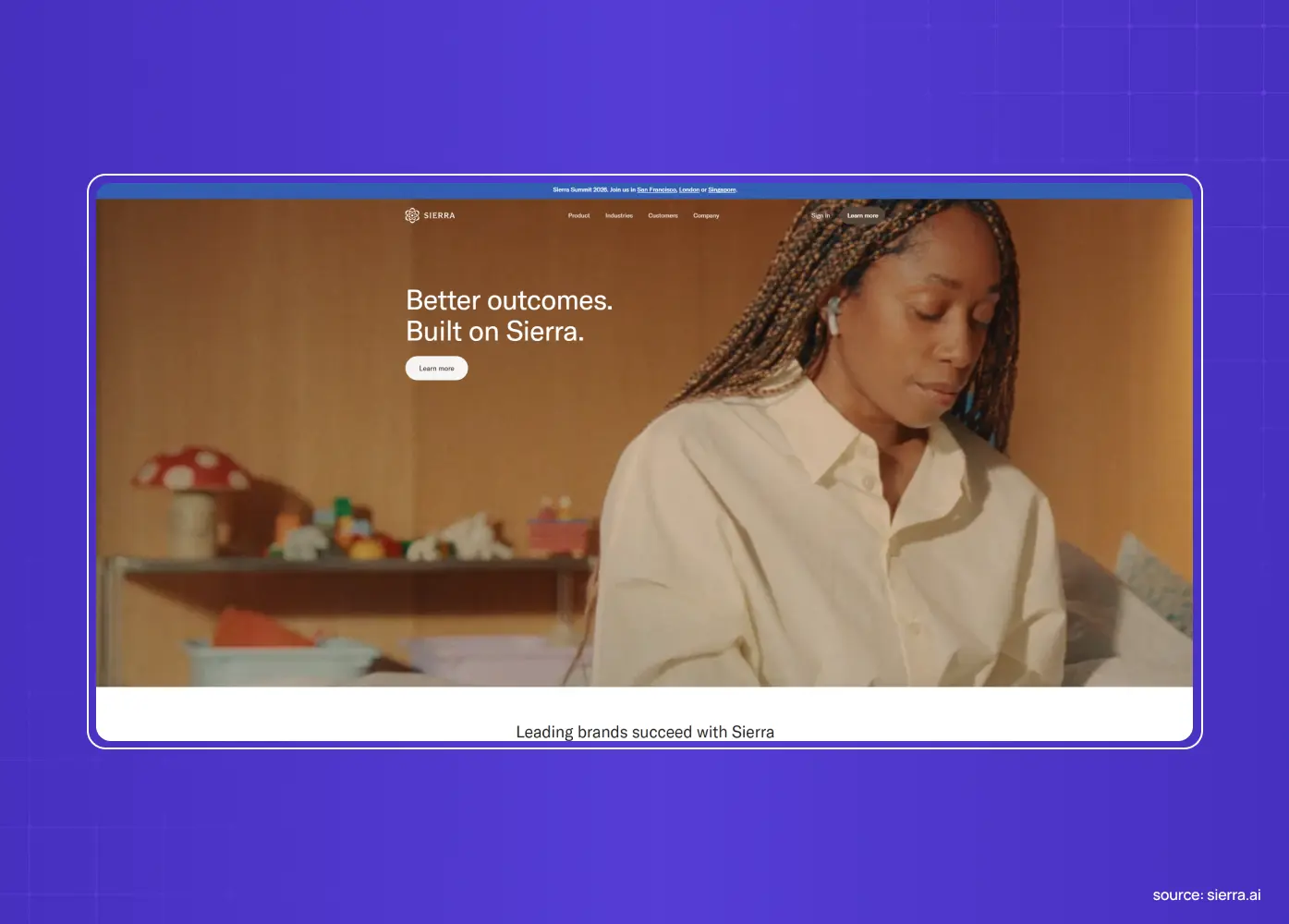 Sierra website homepage featuring a woman and the headline “Better outcomes. Built on Sierra.”