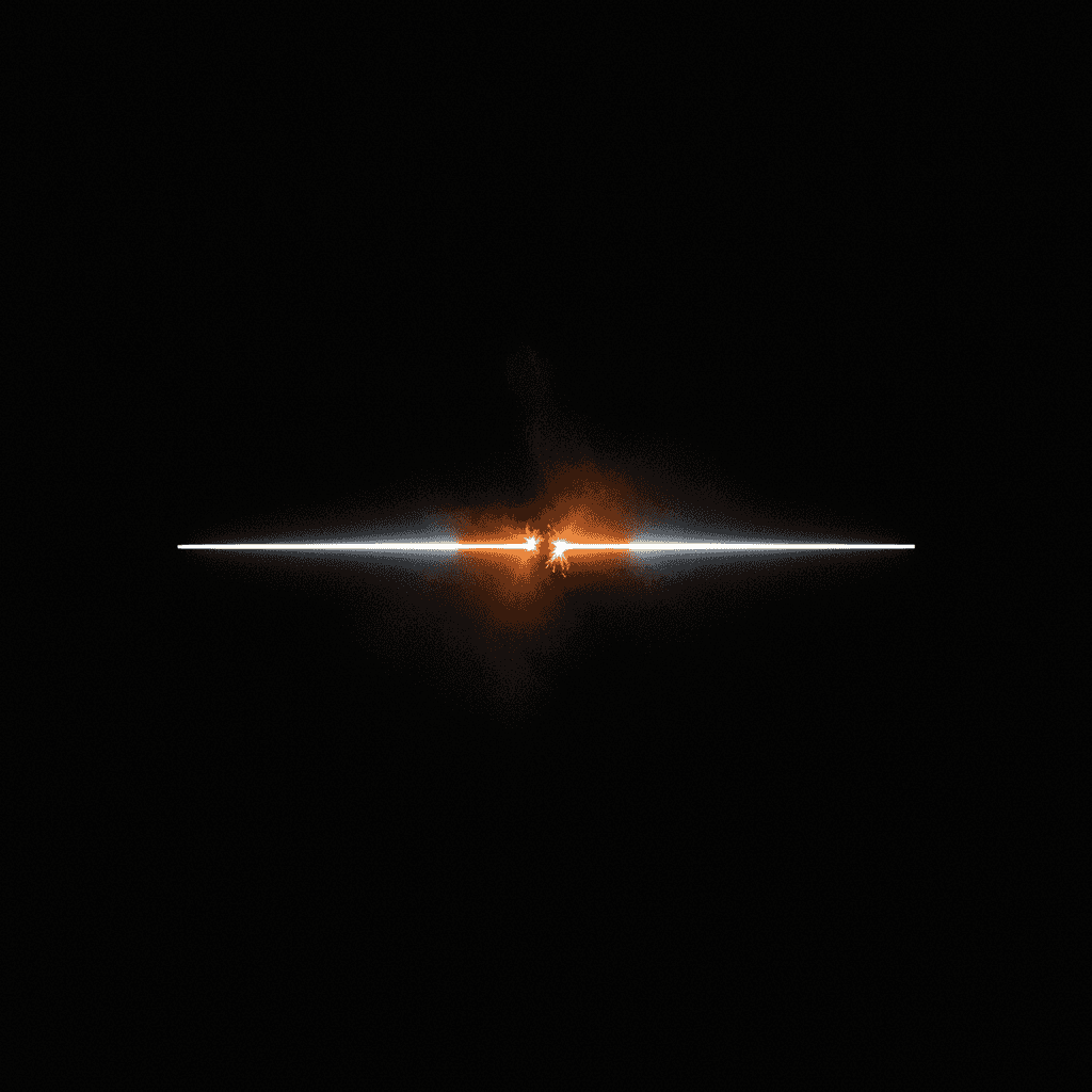 A single severed thread of cool light against deep black, the break point glowing orange