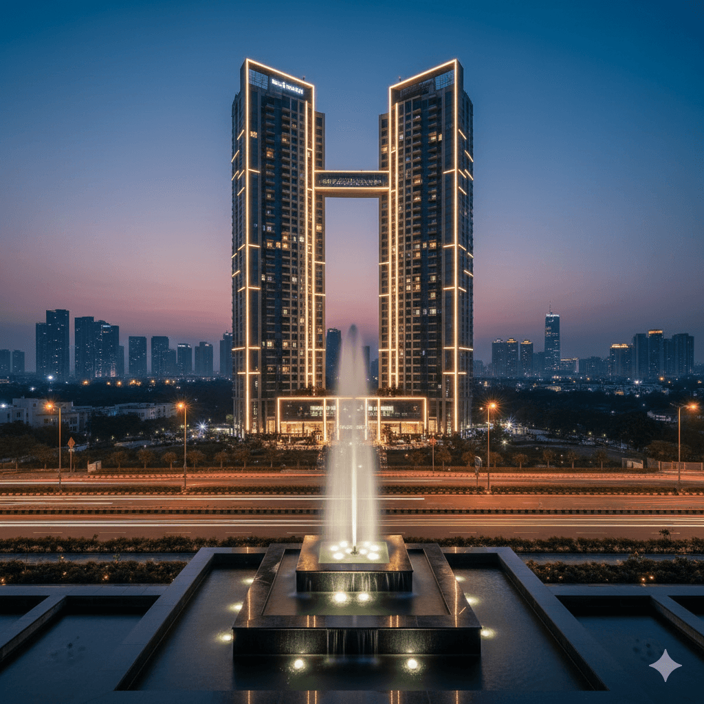 Architectural twin towers and fountain in Sector 61 Gurugram