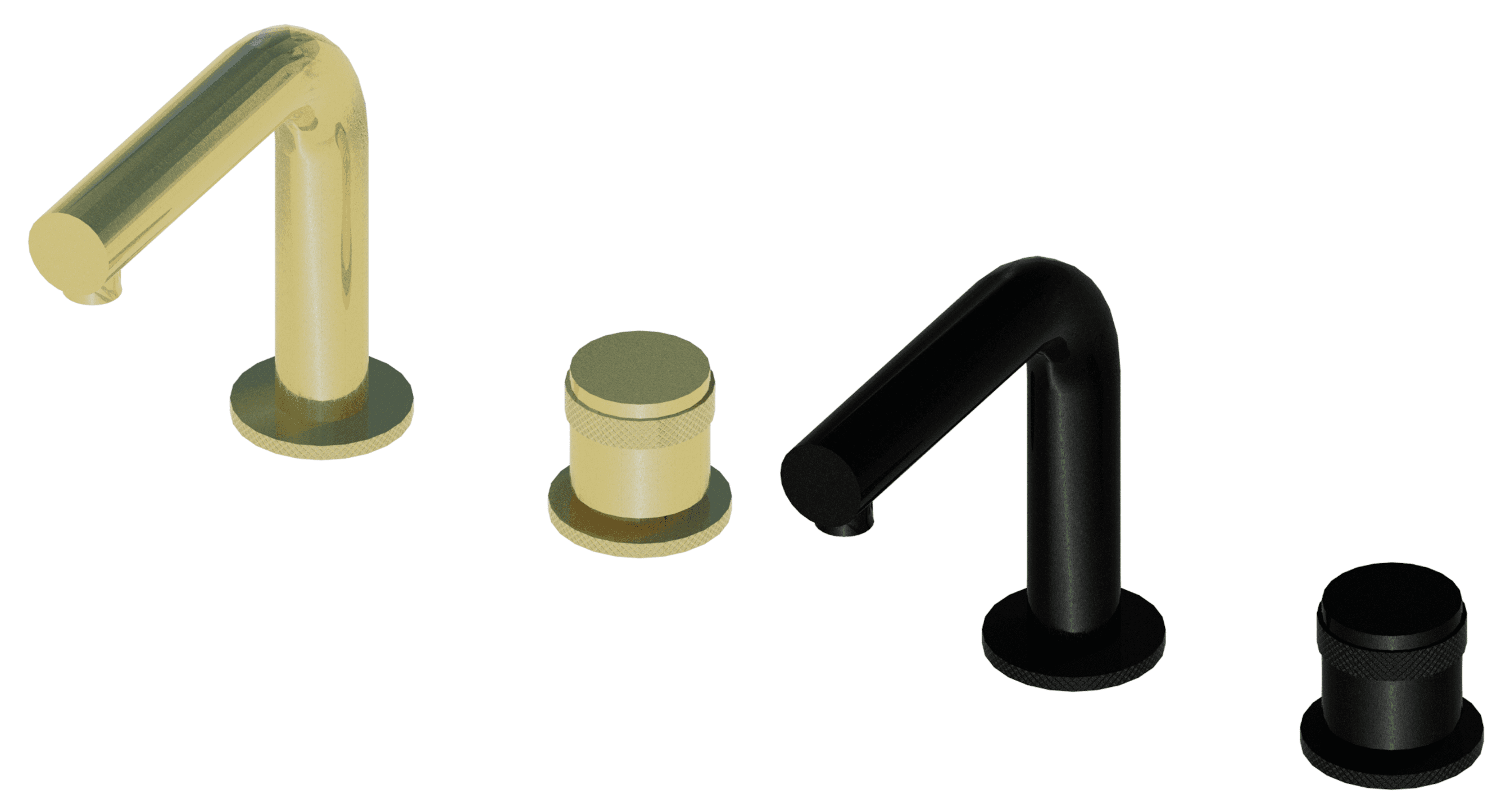 Raytrace showing gold and gunmetal finishes for deck mounted two-hole mixer tap.