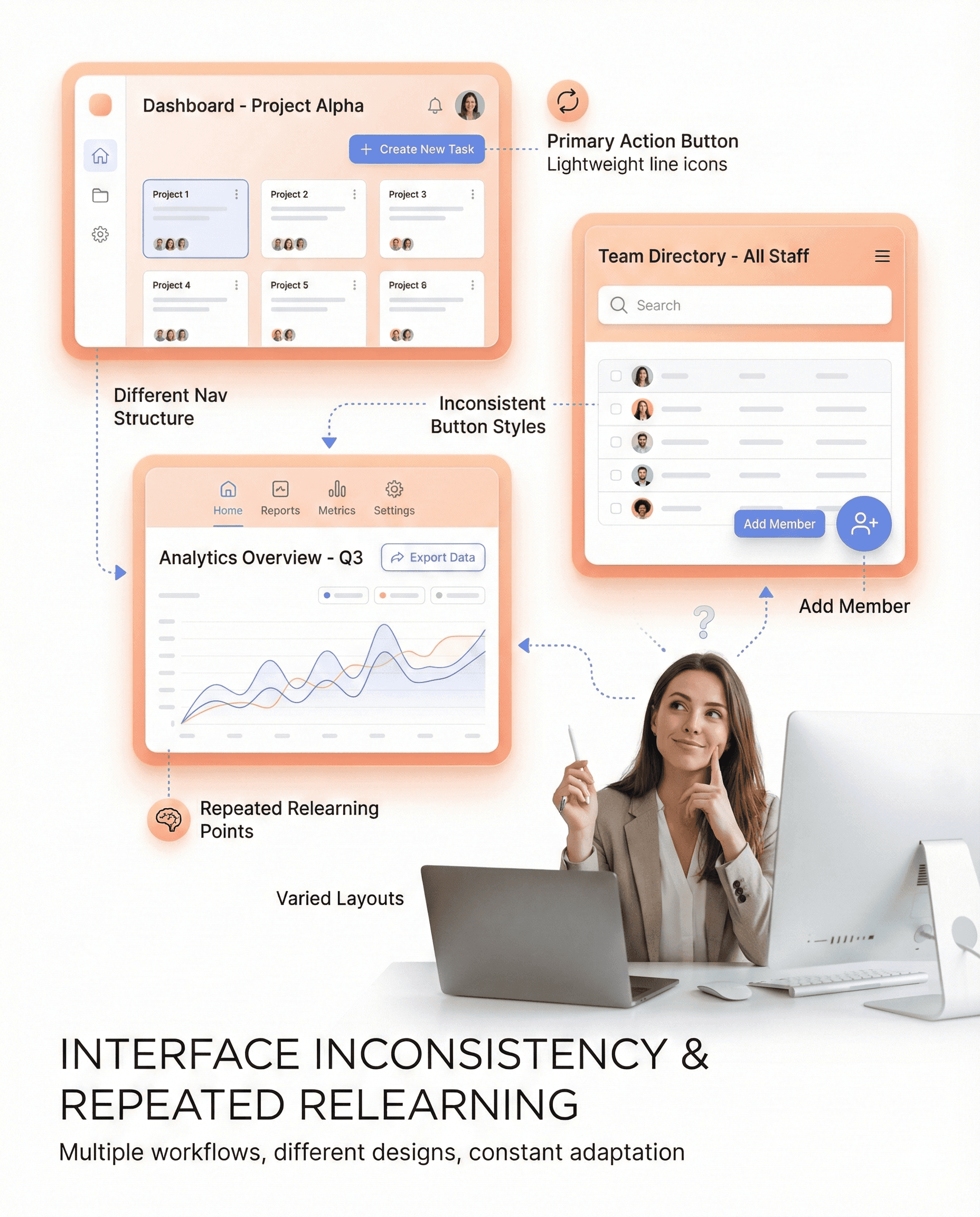 Enterprise SaaS dashboards with inconsistent navigation patterns and UI components across different modules.