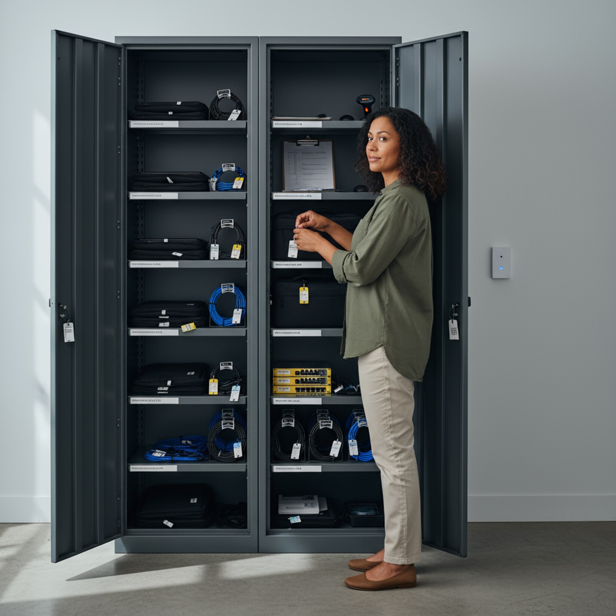Ein abschließbarer Stahlschrank mit beschrifteten Fächern zeigt reserviertes Equipment für bestimmte Teams. Eine Managerin legt einen kleinen Anhänger mit Freigabekürzel an eine Tasche. Der Moment vermittelt geregelten Zugriff, Verantwortlichkeiten und dokumentierte Kontrolle. Die Szene bleibt sachlich, ruhig und eindeutig. Sicher.