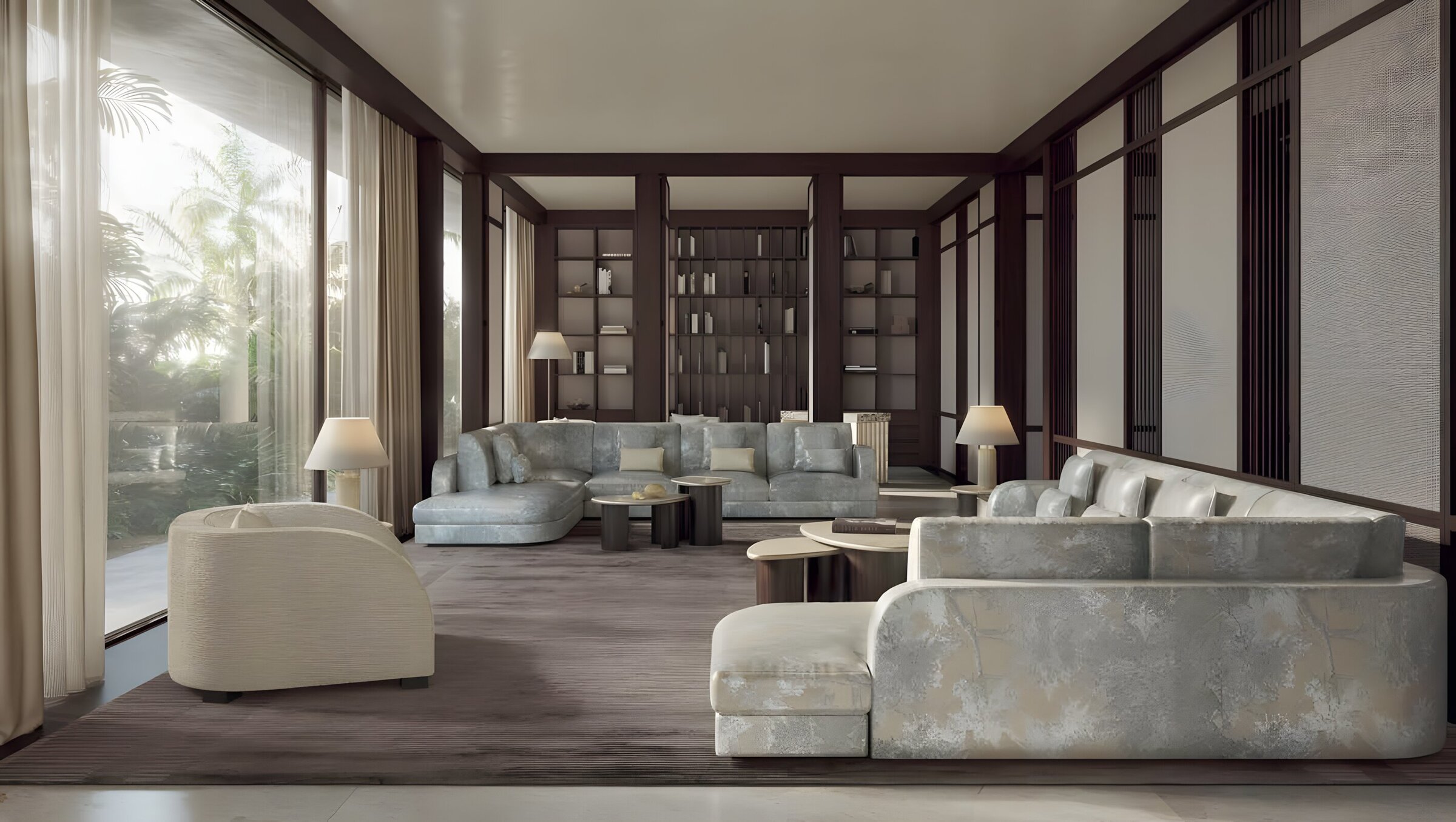 Sun-drenched lounge with floor-to-ceiling windows, offering elite beachfront living at its best.