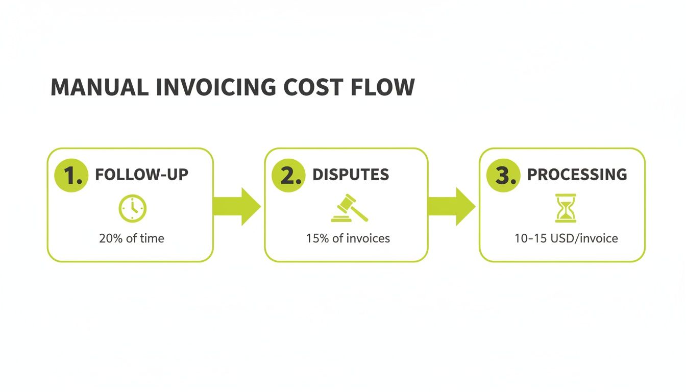 Infographic detailing the manual invoicing cost flow, highlighting time for follow-up, invoice disputes, and processing costs.
