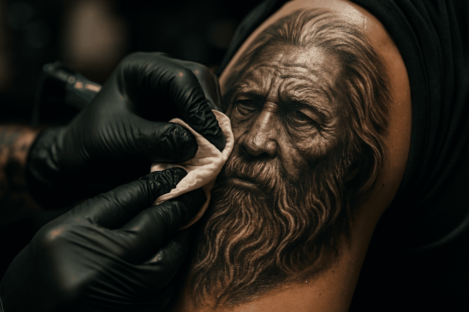 A Sacred Skin artist wiping down a fresh, hyper-realistic black and grey portrait tattoo on a client's arm in Williston, North Dakota.