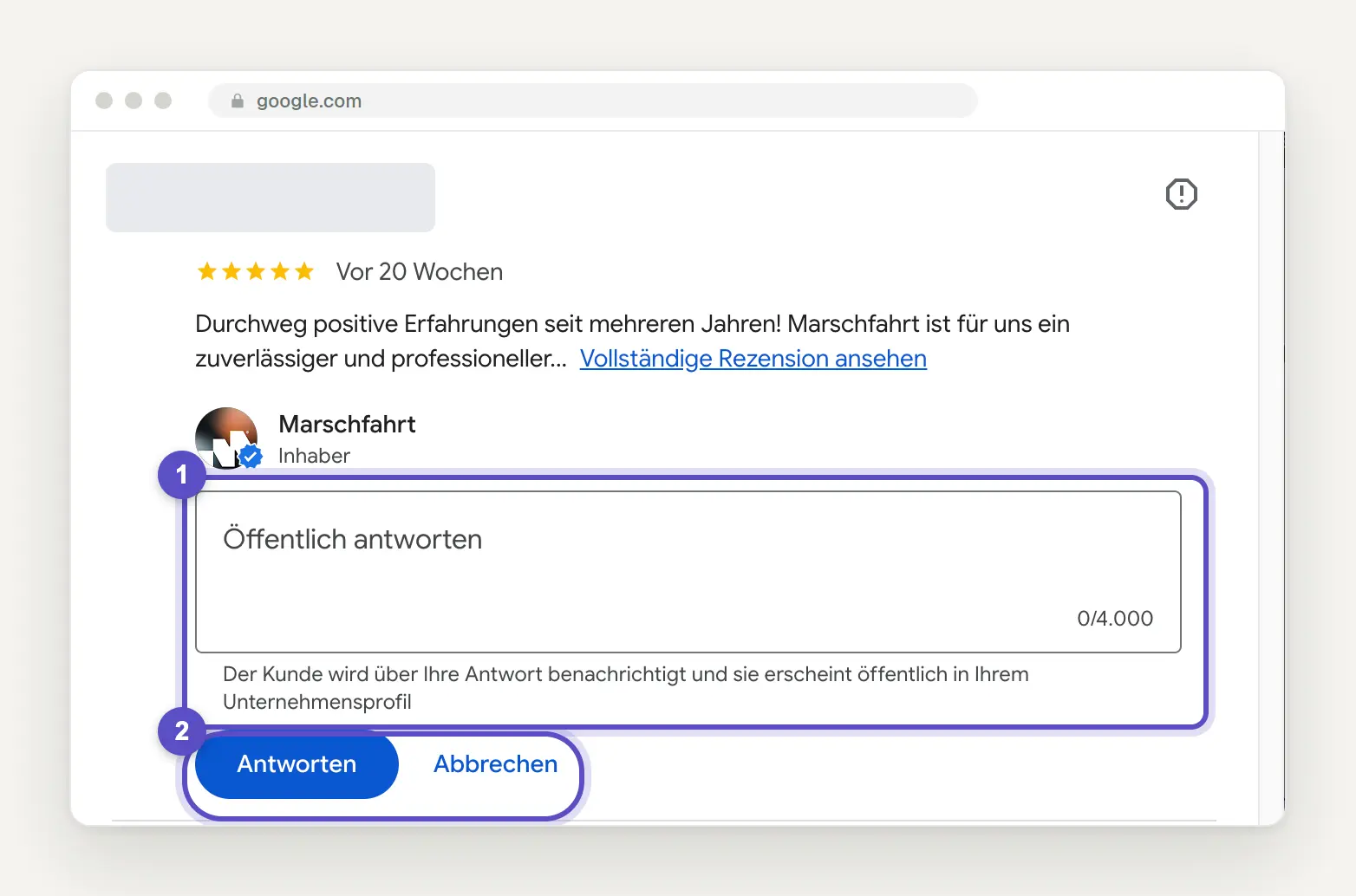 Antwortfeld unter einer Google-Rezension mit dem Platzhalter Öffentlich antworten, dem Zähler 0/4.000, dem Hinweis, dass der Kunde benachrichtigt wird und die Antwort öffentlich erscheint, und den Schaltflächen Antworten und Abbrechen.