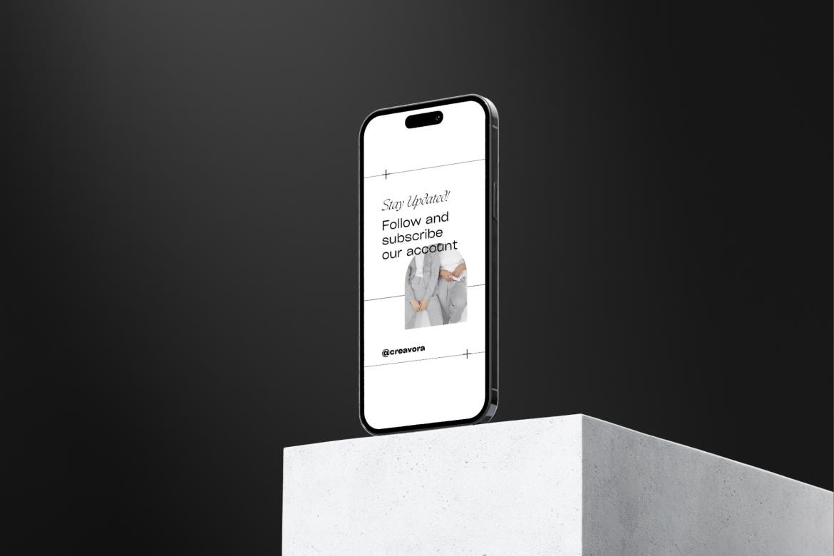 A smartphone mockup displayed upright on a minimalist concrete block against a black background. The screen showcases a clean social media design, emphasizing sleek and professional presentation.