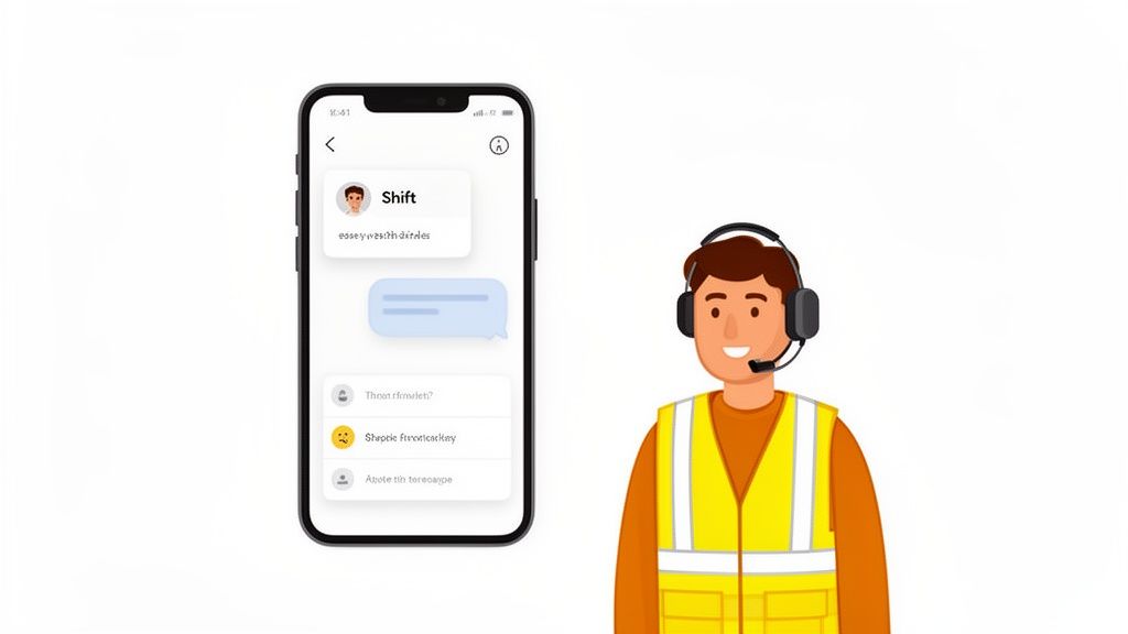 A cartoon man in a hi-vis vest and headset stands next to a mobile phone displaying a chat app for employee communication.