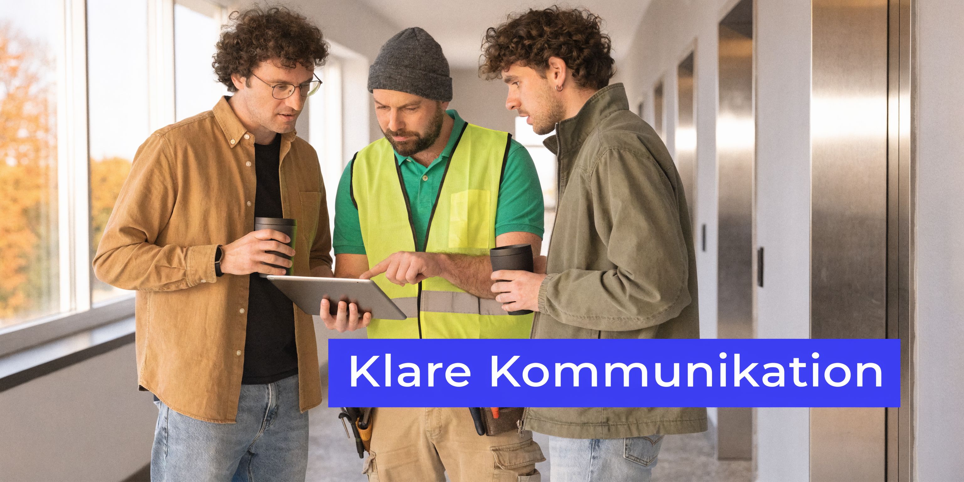 Drei Männer in einem Flur besprechen gemeinsam Reparaturarbeiten an einem Tablet mit klaren Kommunikationsansätzen für erfolgreiche Projekte.