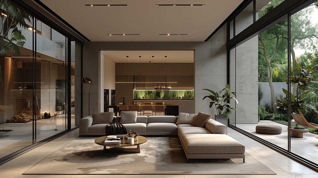 Modern luxury villa living room with panoramic garden views in Melbourne, Australia