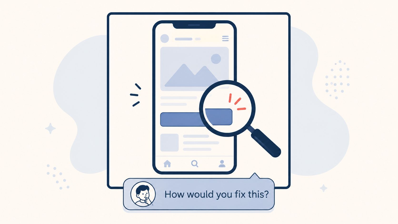 A magnifying glass inspecting a social media mobile app interface while a character asks a question.