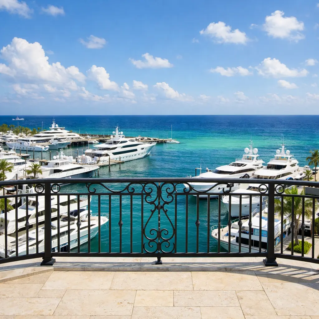 Balcony view of luxury yacht marina featuring ornate wrought iron railing, multiple superyachts docked in crystal-clear turquoise water, with ocean horizon and blue sky
