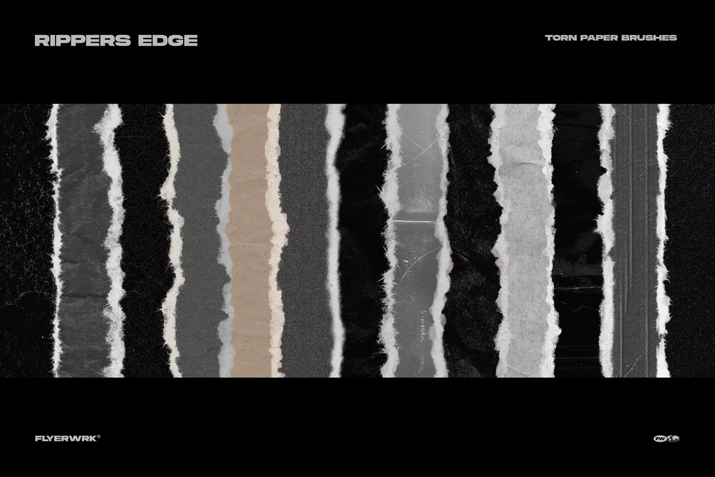 Showcase of various torn paper edge styles and textures included in the Rippers Edge brush pack