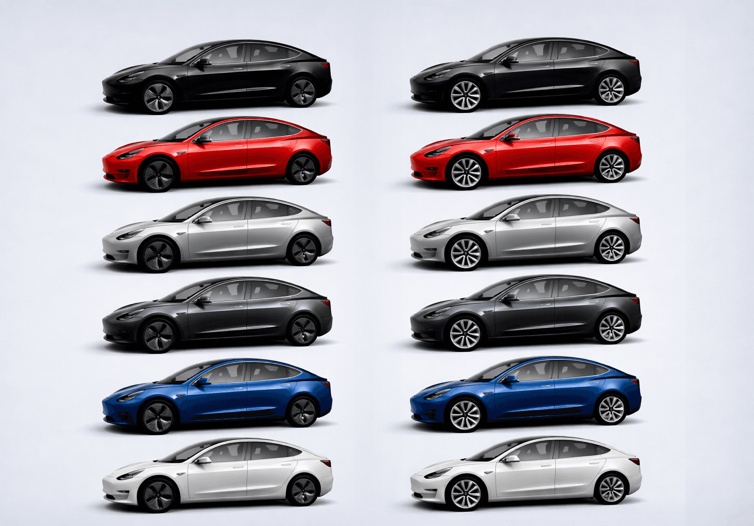 Tesla Model 3 en vue de profil avec différentes couleurs de carrosserie et options de jantes