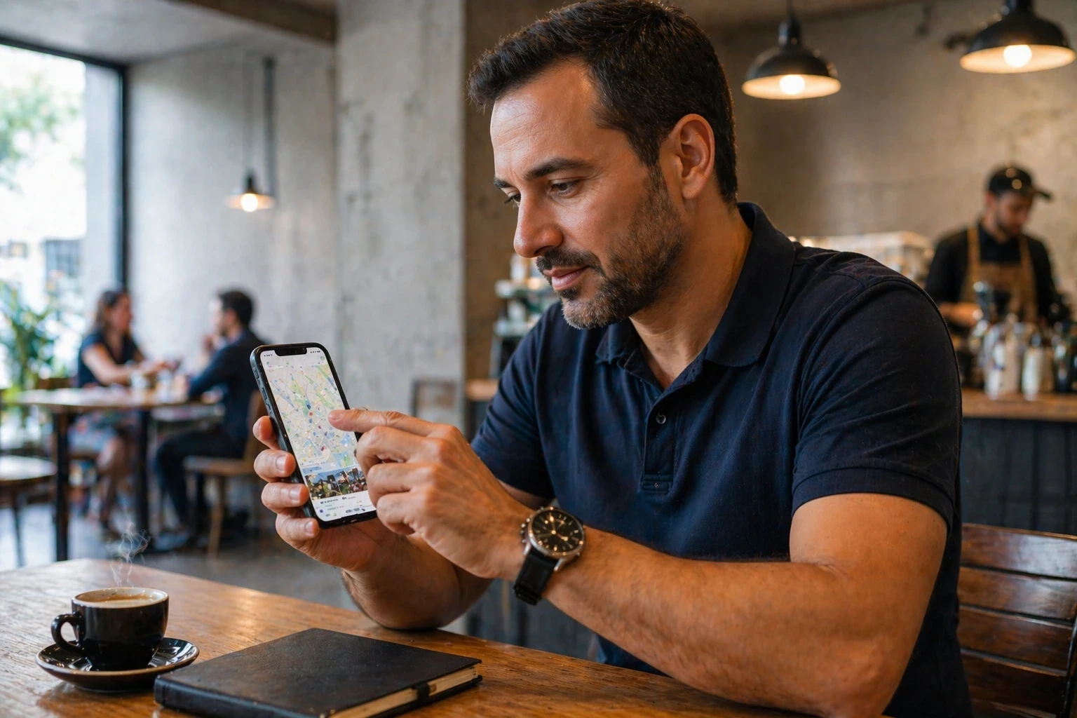 Homem em café de Uberlândia consultando mapa do Google no celular para encontrar empresa próxima, demonstrando a busca geolocalizada que define os três resultados do local pack e por que toda empresa da cidade precisa investir em SEO local.